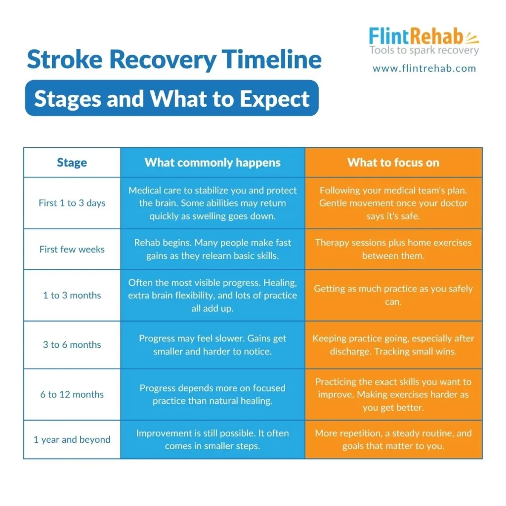 image showing the different stroke recovery timeline stages as well as what to expect