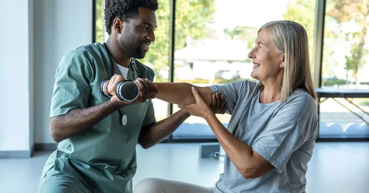 woman learning about the cross education effect in stroke rehab