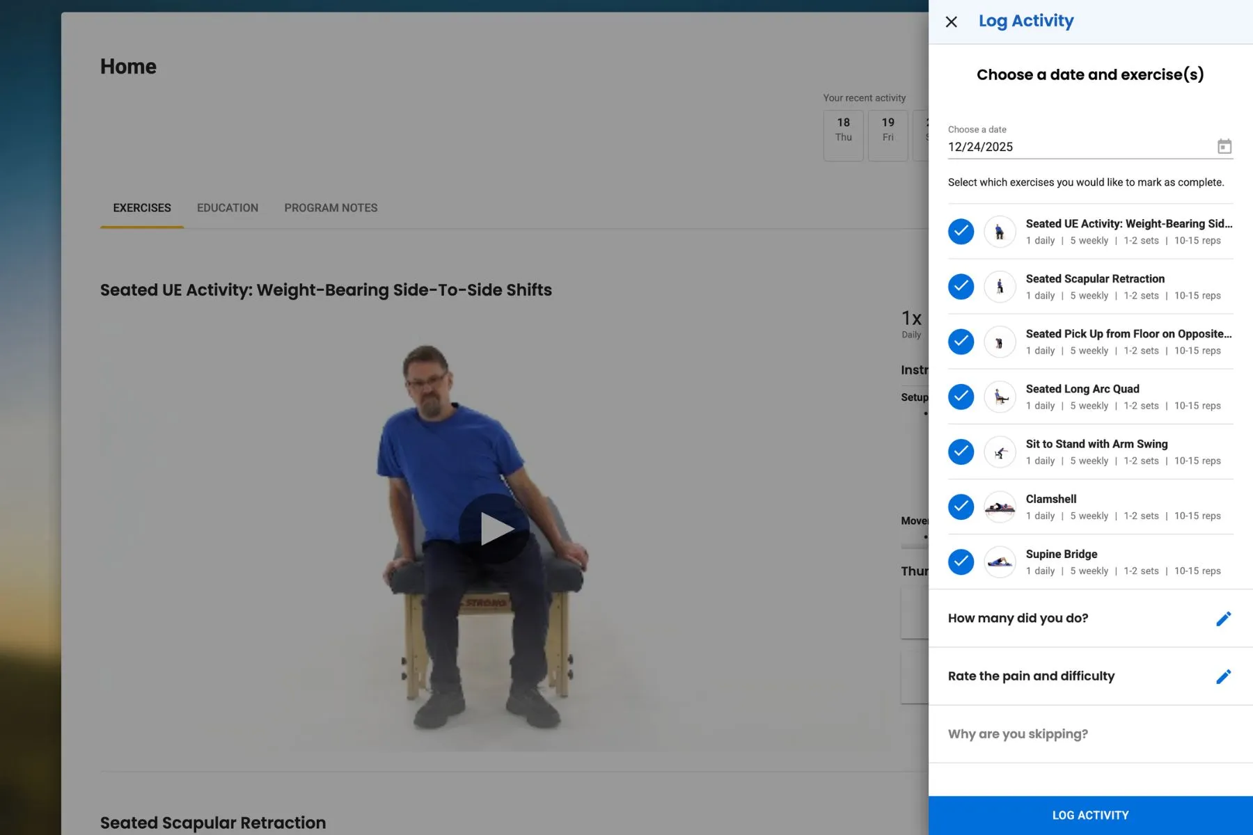 remote neuro rehab and physical therapy log my activity screen