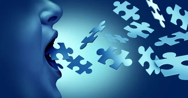 man with aphasia and babbling coming out of his mouth