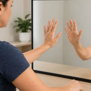 woman doing mirror therapy rehabilitation