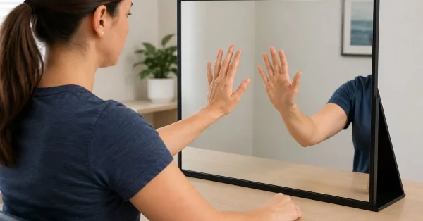 woman doing mirror therapy rehabilitation