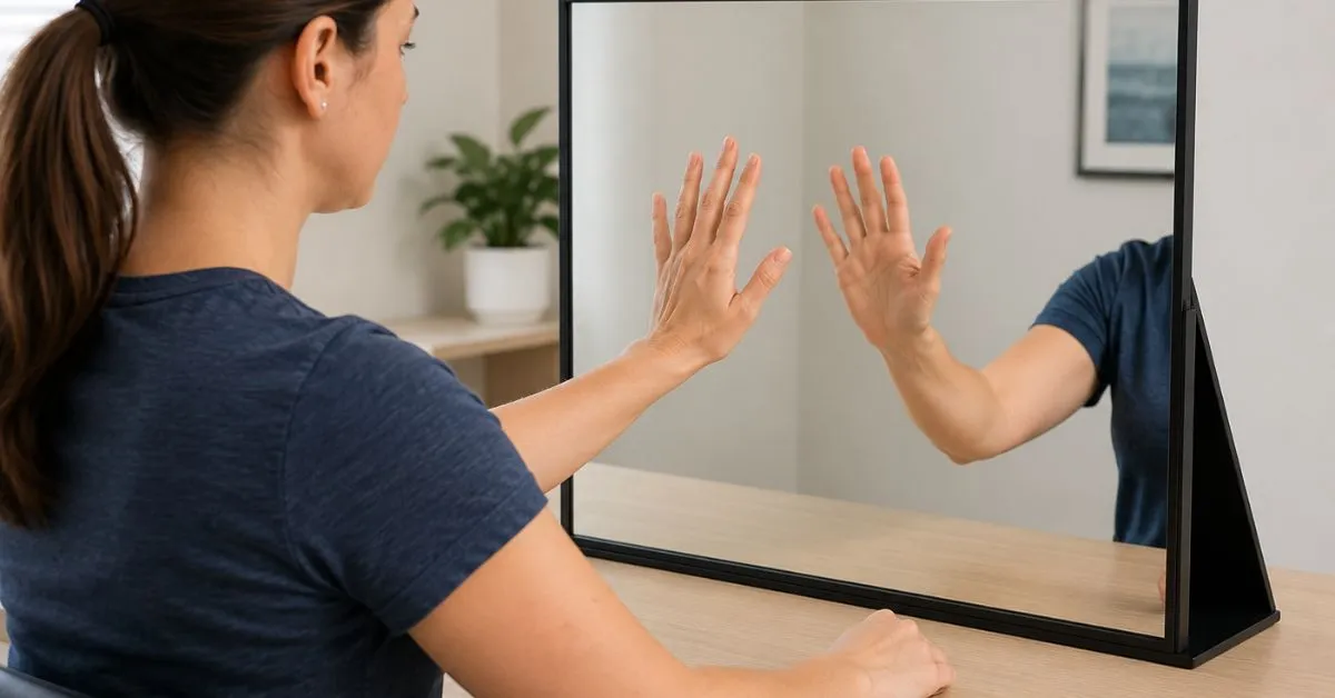 woman doing mirror therapy rehabilitation