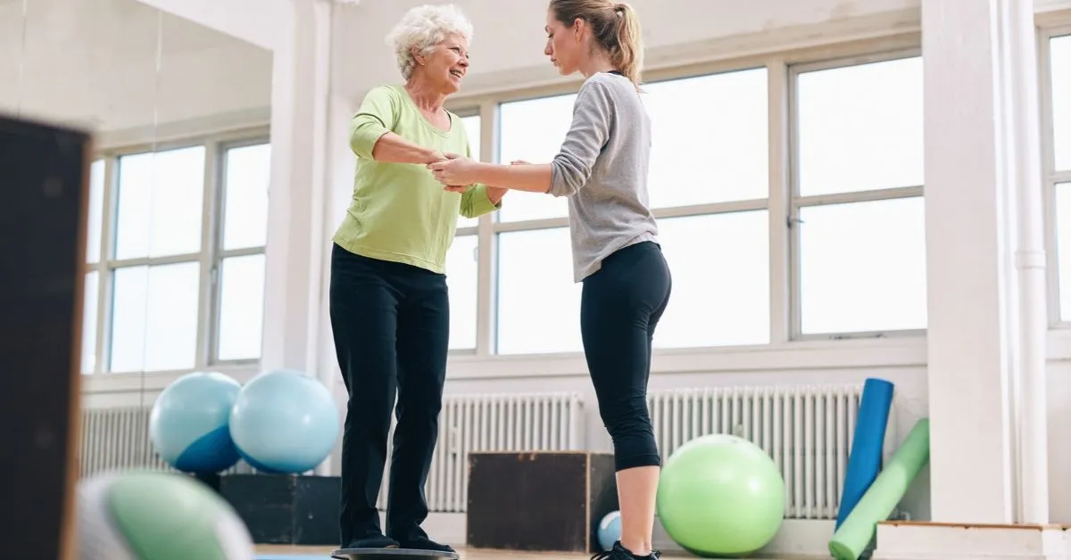 woman working on her balance after stroke